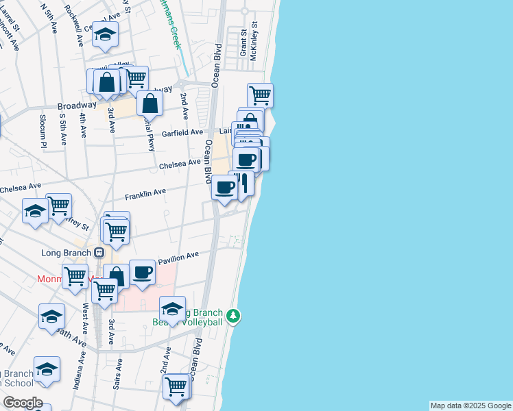 map of restaurants, bars, coffee shops, grocery stores, and more near 9 Morris Avenue in Long Branch