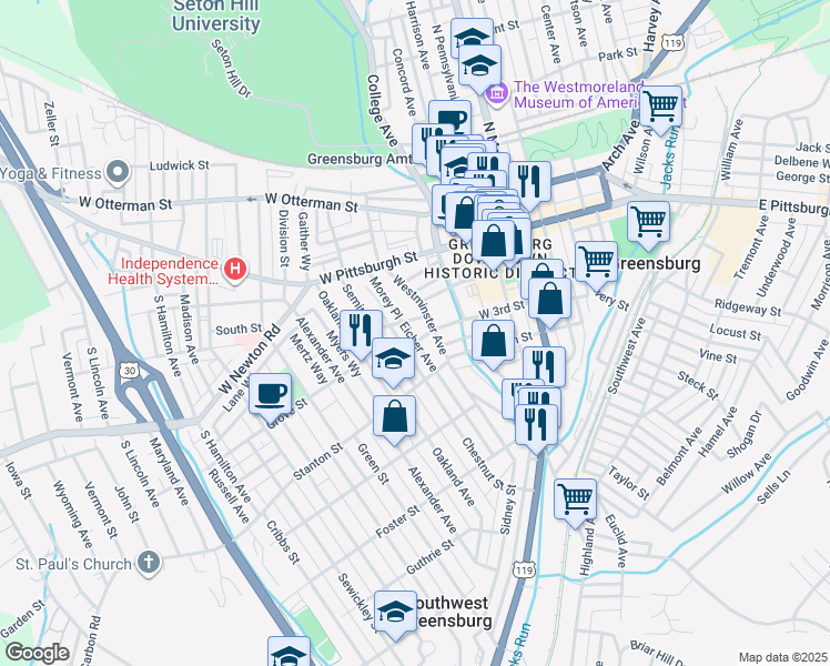 map of restaurants, bars, coffee shops, grocery stores, and more near 316 West 3rd Street in Greensburg