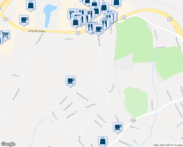 map of restaurants, bars, coffee shops, grocery stores, and more near 112 Wild Turkey Drive in Greensburg