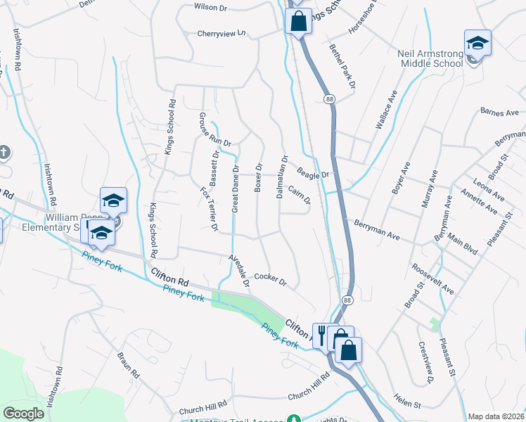 map of restaurants, bars, coffee shops, grocery stores, and more near 6134 Boxer Drive in Bethel Park