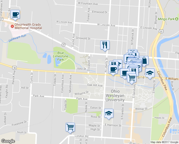 map of restaurants, bars, coffee shops, grocery stores, and more near 206 West William Street in Delaware