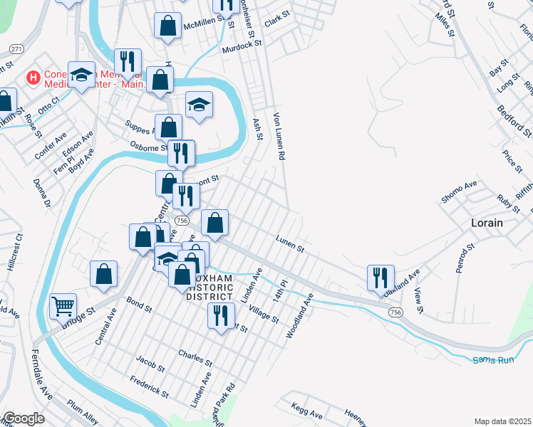 map of restaurants, bars, coffee shops, grocery stores, and more near 347 Highland Avenue in Johnstown