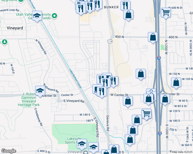 map of restaurants, bars, coffee shops, grocery stores, and more near 708 East 125 North in Vineyard
