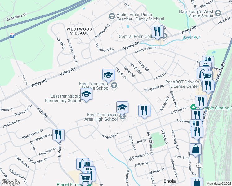 map of restaurants, bars, coffee shops, grocery stores, and more near 529 North Enola Drive in Enola