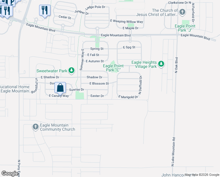 map of restaurants, bars, coffee shops, grocery stores, and more near 3566 Easter Drive in Eagle Mountain
