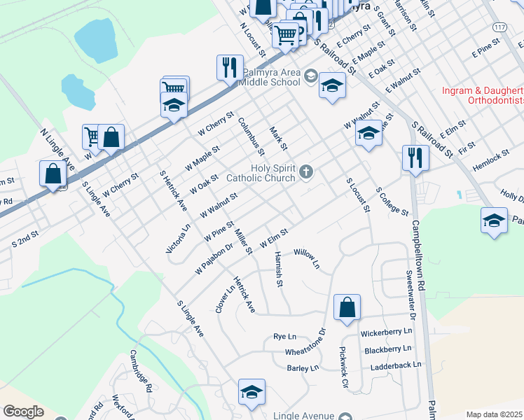 map of restaurants, bars, coffee shops, grocery stores, and more near 617 West Pajabon Drive in Palmyra