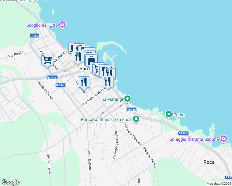 map of restaurants, bars, coffee shops, grocery stores, and more near 12 SP366 in San Foca