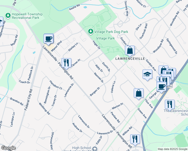 map of restaurants, bars, coffee shops, grocery stores, and more near 31 Nassau Drive in Lawrence Township