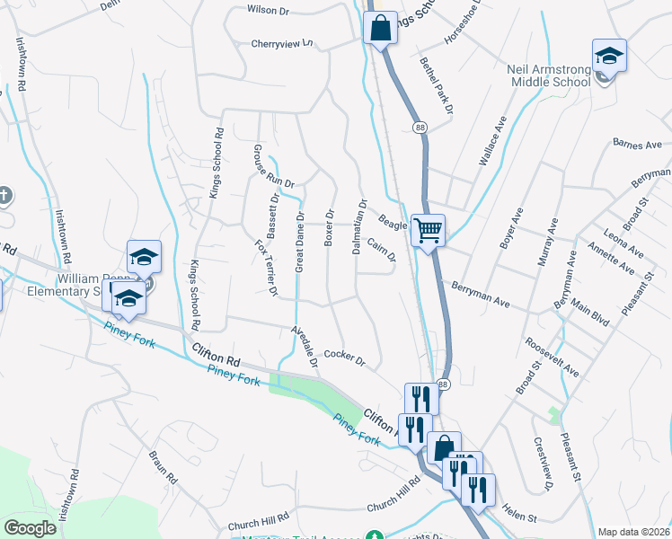 map of restaurants, bars, coffee shops, grocery stores, and more near 6134 Boxer Drive in Bethel Park