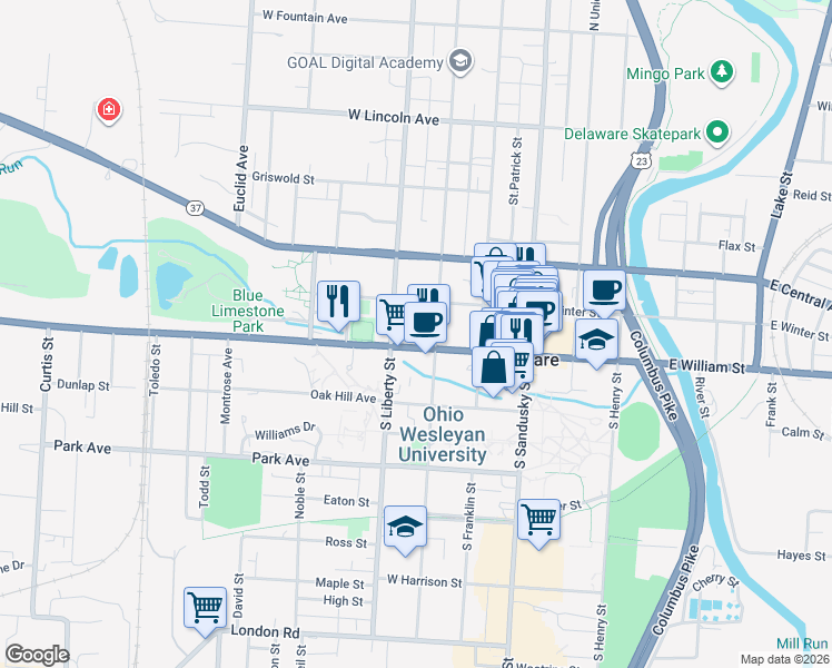 map of restaurants, bars, coffee shops, grocery stores, and more near 93 West William Street in Delaware