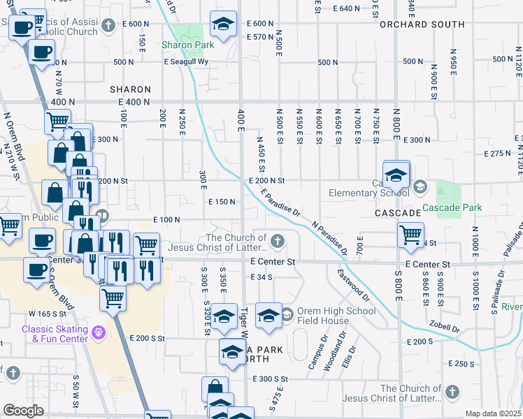 map of restaurants, bars, coffee shops, grocery stores, and more near 130 400 East in Orem