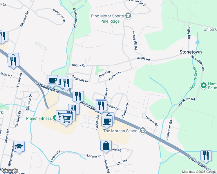 map of restaurants, bars, coffee shops, grocery stores, and more near 204 Lincoln Drive in Reading