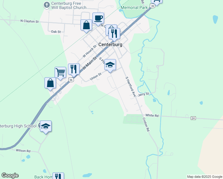 map of restaurants, bars, coffee shops, grocery stores, and more near 207 South Preston Street in Centerburg