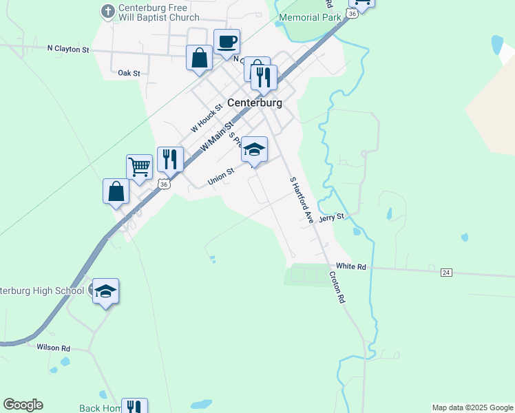 map of restaurants, bars, coffee shops, grocery stores, and more near 207 South Preston Street in Centerburg