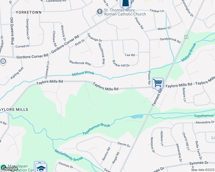 map of restaurants, bars, coffee shops, grocery stores, and more near 128 Taylors Mills Road in Manalapan Township