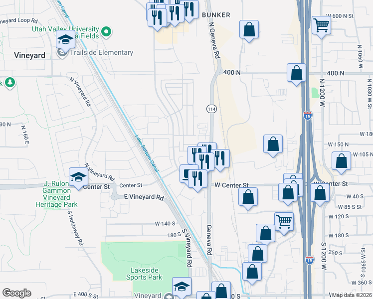 map of restaurants, bars, coffee shops, grocery stores, and more near 708 East 125 North in Vineyard
