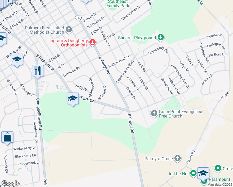 map of restaurants, bars, coffee shops, grocery stores, and more near 1253 South Forge Road in Palmyra