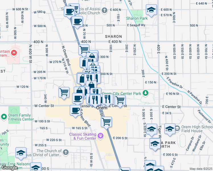 map of restaurants, bars, coffee shops, grocery stores, and more near 70 East 135 North in Orem