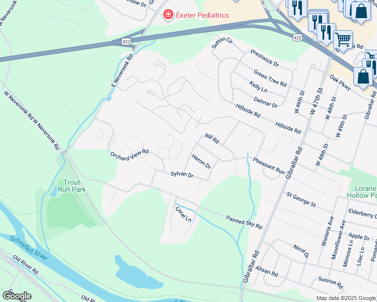 map of restaurants, bars, coffee shops, grocery stores, and more near 994 Rill Road in Reading