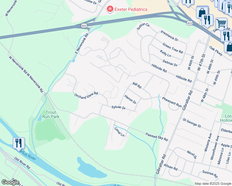 map of restaurants, bars, coffee shops, grocery stores, and more near 3204 Orchard View Road in Reading