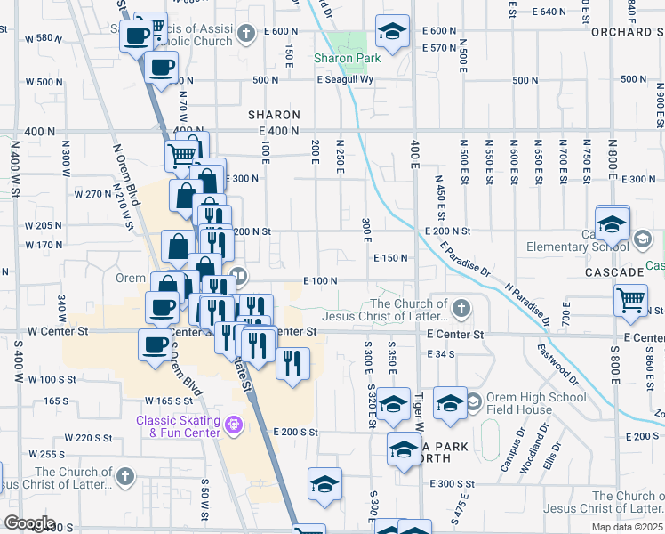 map of restaurants, bars, coffee shops, grocery stores, and more near 245 100 North in Orem