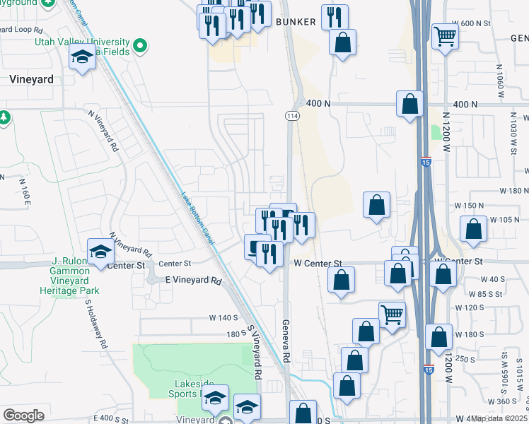 map of restaurants, bars, coffee shops, grocery stores, and more near 755 East 125 North Street in Vineyard
