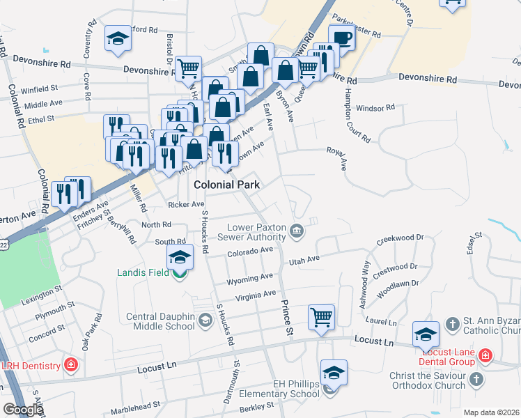 map of restaurants, bars, coffee shops, grocery stores, and more near 405 Prince Street in Harrisburg