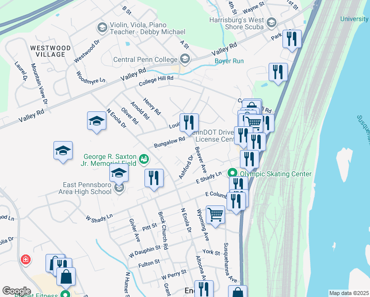 map of restaurants, bars, coffee shops, grocery stores, and more near 426 Duke Street in Enola