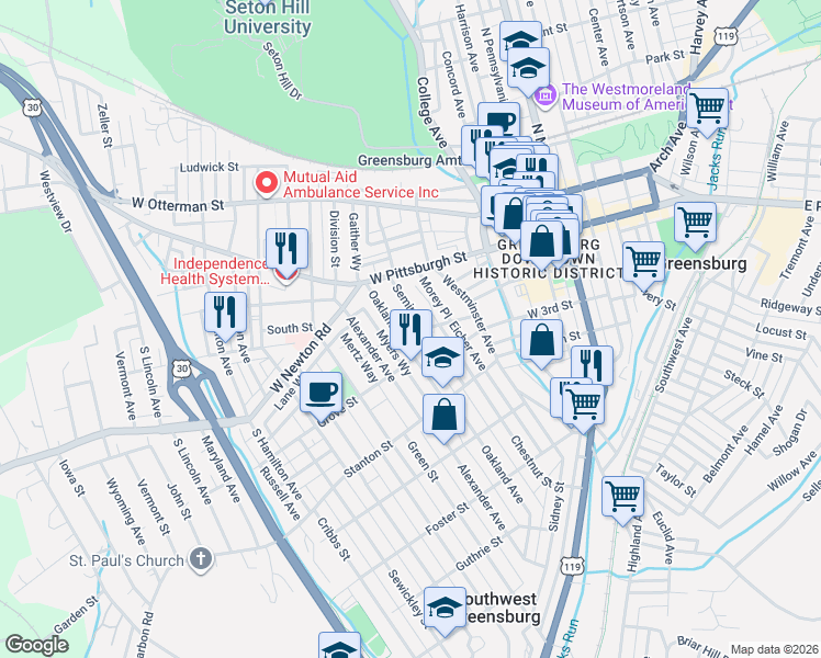 map of restaurants, bars, coffee shops, grocery stores, and more near 208 Oakland Avenue in Greensburg