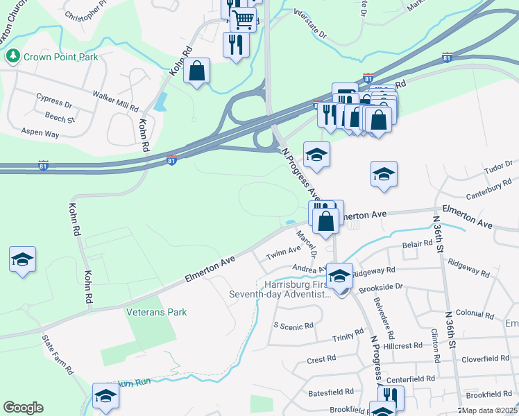 map of restaurants, bars, coffee shops, grocery stores, and more near in Harrisburg