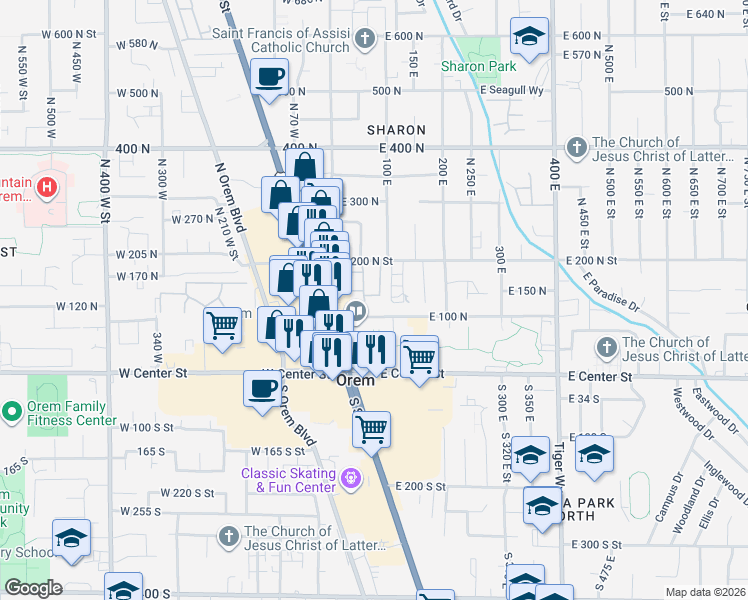 map of restaurants, bars, coffee shops, grocery stores, and more near 70 East 135 North in Orem