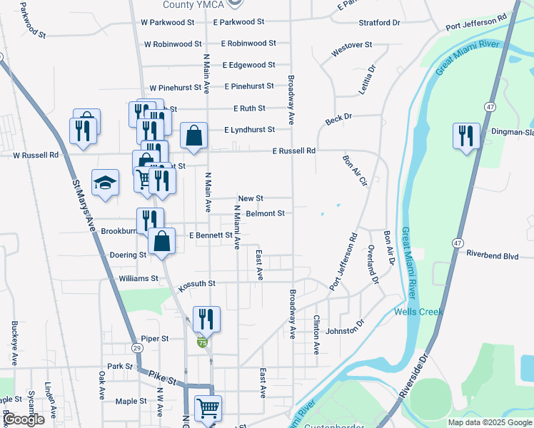map of restaurants, bars, coffee shops, grocery stores, and more near 425 Belmont Street in Sidney