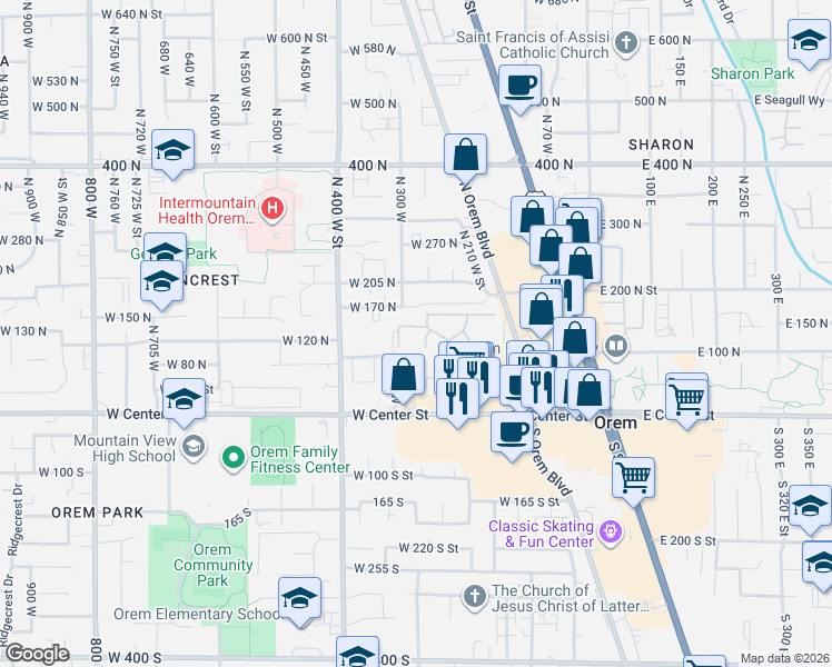 map of restaurants, bars, coffee shops, grocery stores, and more near 263 West Garden Park Drive in Orem