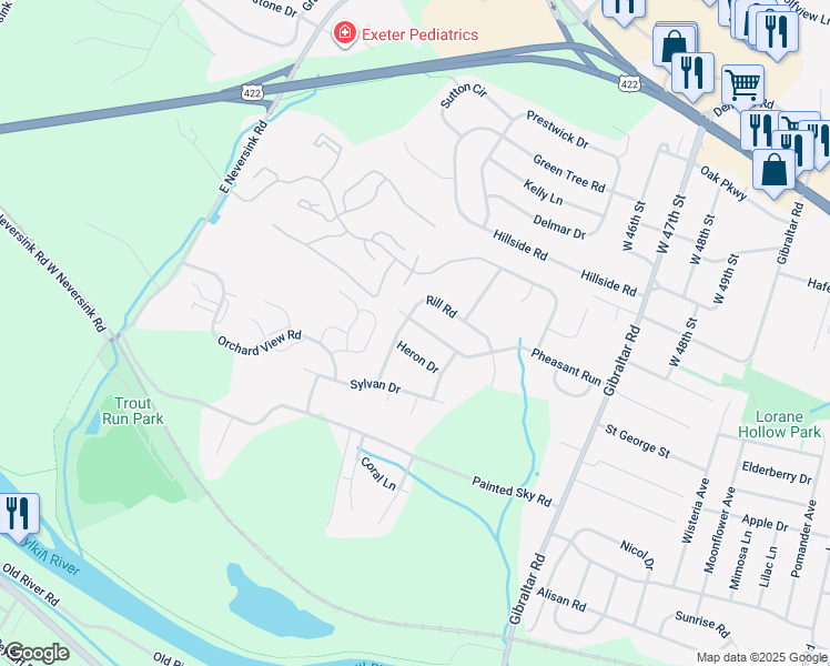 map of restaurants, bars, coffee shops, grocery stores, and more near 989 Rill Road in Reading