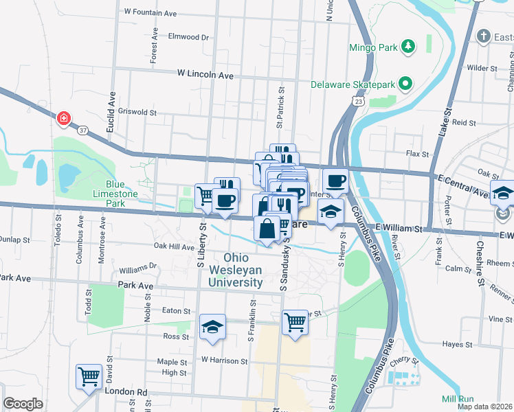 map of restaurants, bars, coffee shops, grocery stores, and more near 50 West William Street in Delaware