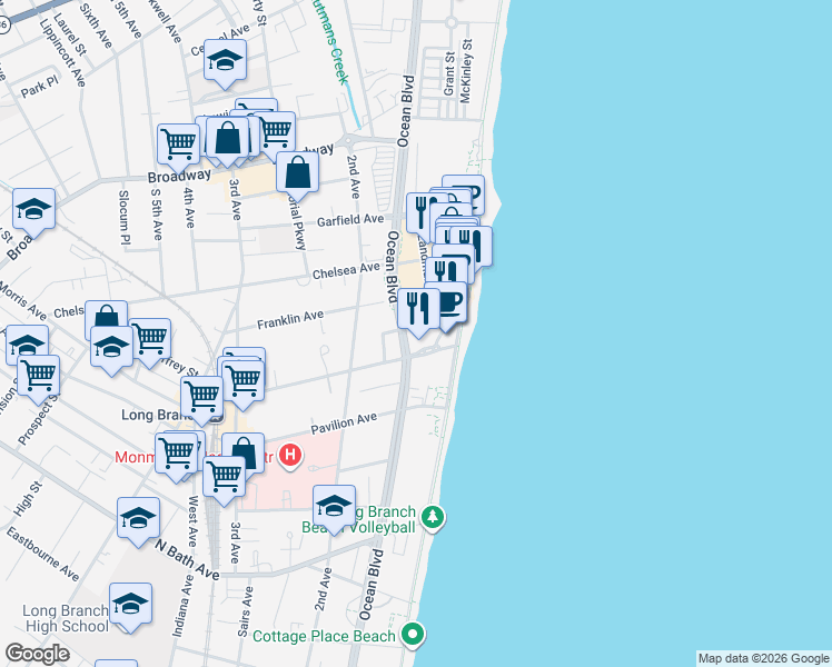 map of restaurants, bars, coffee shops, grocery stores, and more near 152 Astor Place in Long Branch