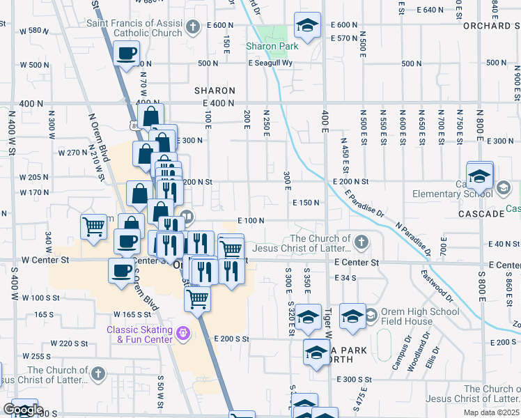map of restaurants, bars, coffee shops, grocery stores, and more near 245 100 North in Orem