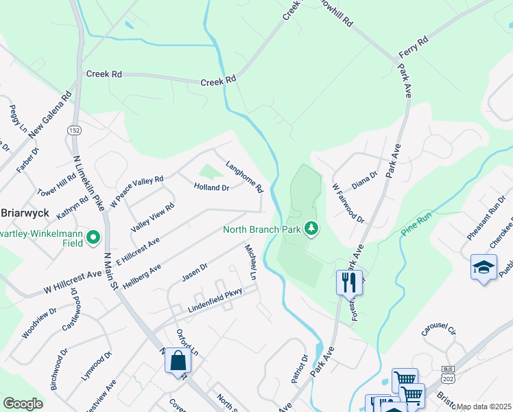 map of restaurants, bars, coffee shops, grocery stores, and more near 50 Langhorne Road in Chalfont