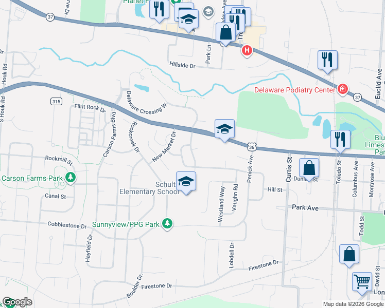 map of restaurants, bars, coffee shops, grocery stores, and more near 493 Applegate Lane in Delaware
