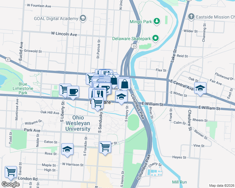 map of restaurants, bars, coffee shops, grocery stores, and more near 26 North Union Street in Delaware