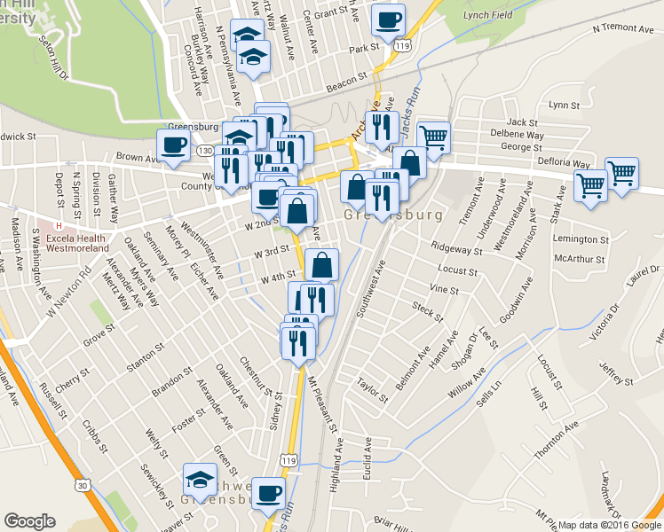 map of restaurants, bars, coffee shops, grocery stores, and more near 401 South Maple Avenue in Greensburg