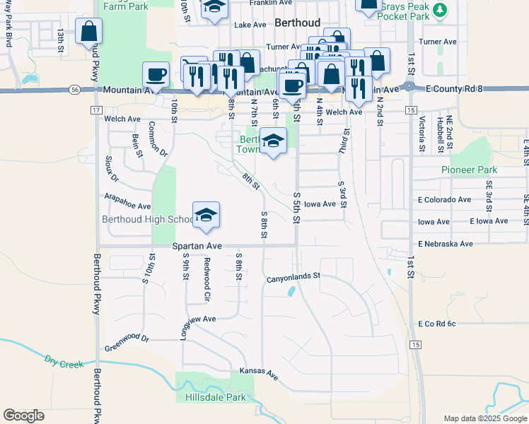 map of restaurants, bars, coffee shops, grocery stores, and more near 163 South 8th Street in Berthoud