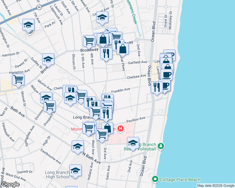 map of restaurants, bars, coffee shops, grocery stores, and more near 162 Franklin Avenue in Long Branch