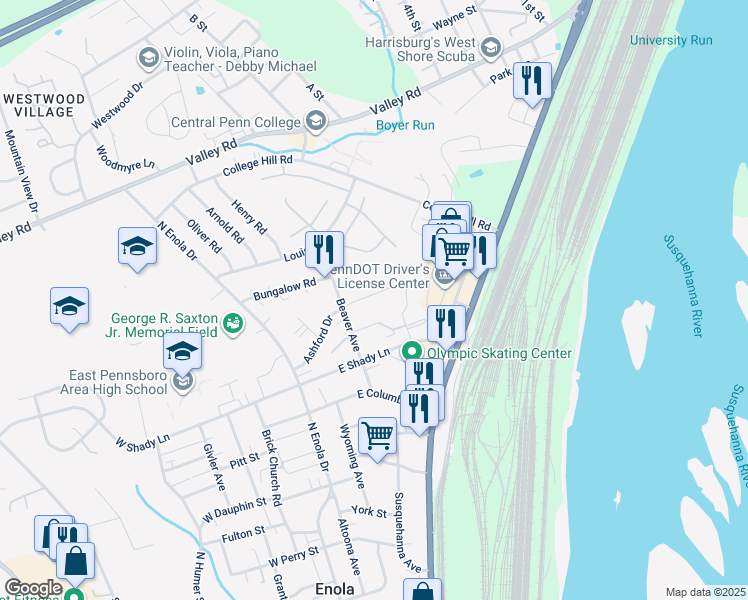 map of restaurants, bars, coffee shops, grocery stores, and more near 72 Ashford Drive in Enola