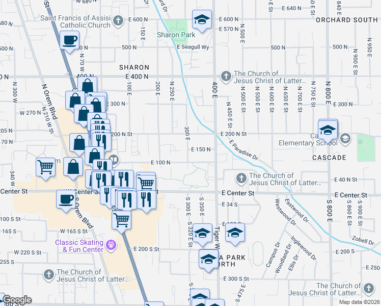 map of restaurants, bars, coffee shops, grocery stores, and more near 140 300 East in Orem