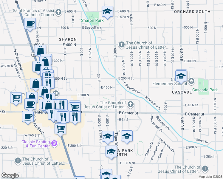 map of restaurants, bars, coffee shops, grocery stores, and more near 380 East 150 North in Orem