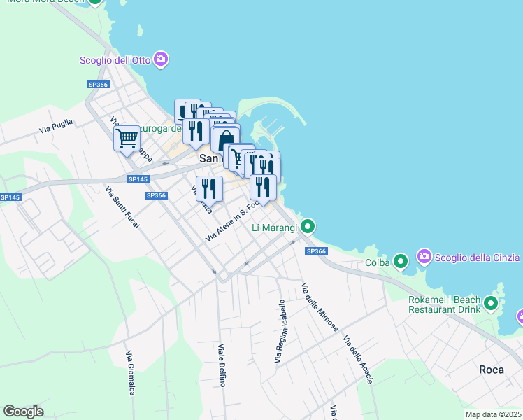 map of restaurants, bars, coffee shops, grocery stores, and more near 10 Via del Fante in San Foca