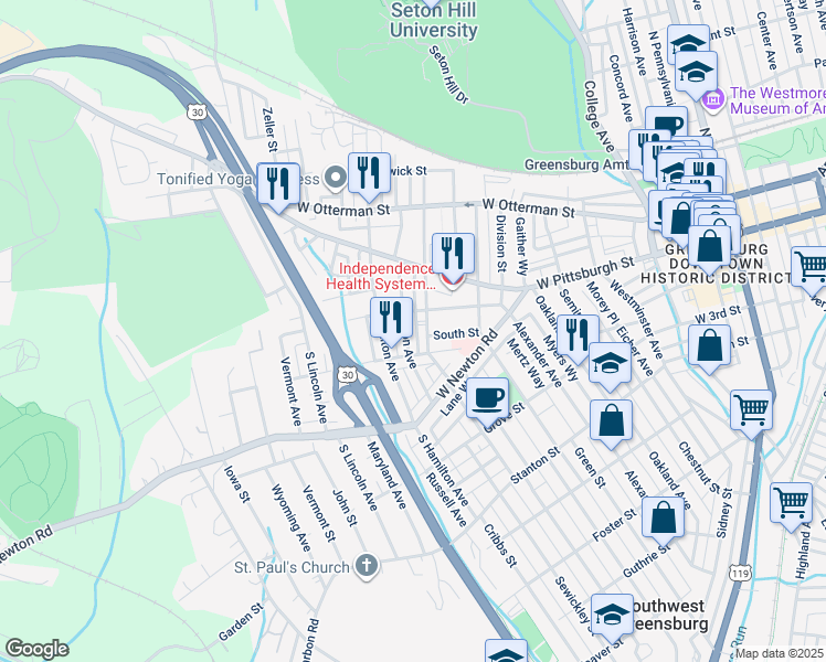map of restaurants, bars, coffee shops, grocery stores, and more near 112 Madison Avenue in Greensburg