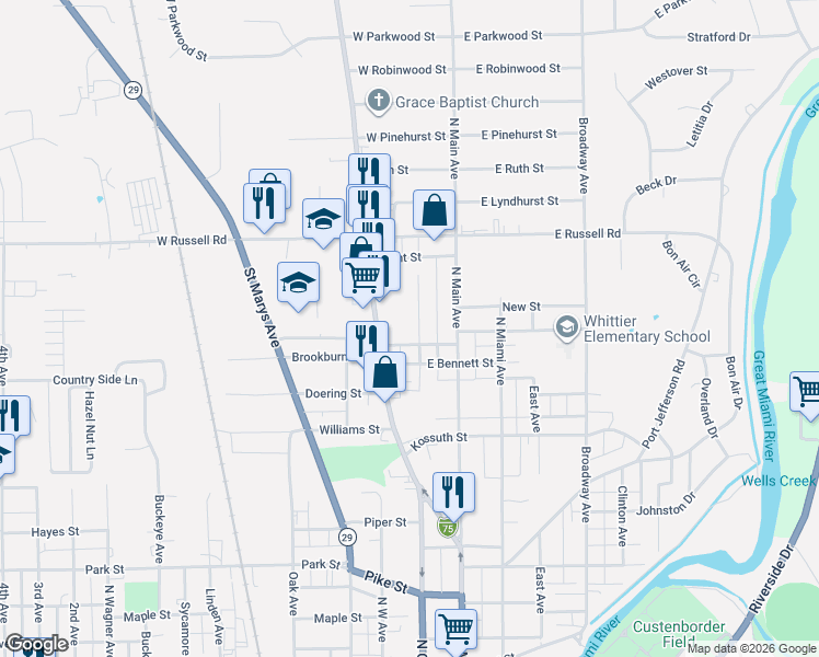 map of restaurants, bars, coffee shops, grocery stores, and more near 116 West Bennett Street in Sidney