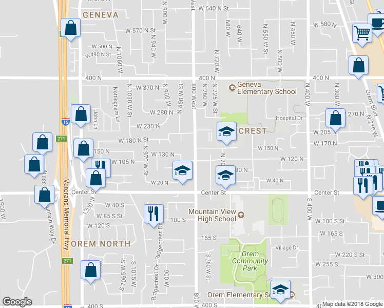map of restaurants, bars, coffee shops, grocery stores, and more near 125 North 800 West Street in Orem